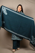 Load image into Gallery viewer, Kashmiri Embroidered Blue 3 Piece Woolen Suit With Shawl
