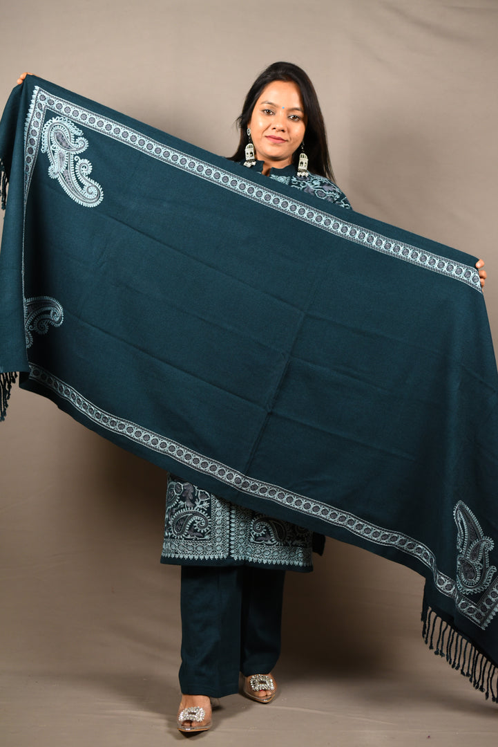 Kashmiri Embroidered Blue 3 Piece Woolen Suit With Shawl