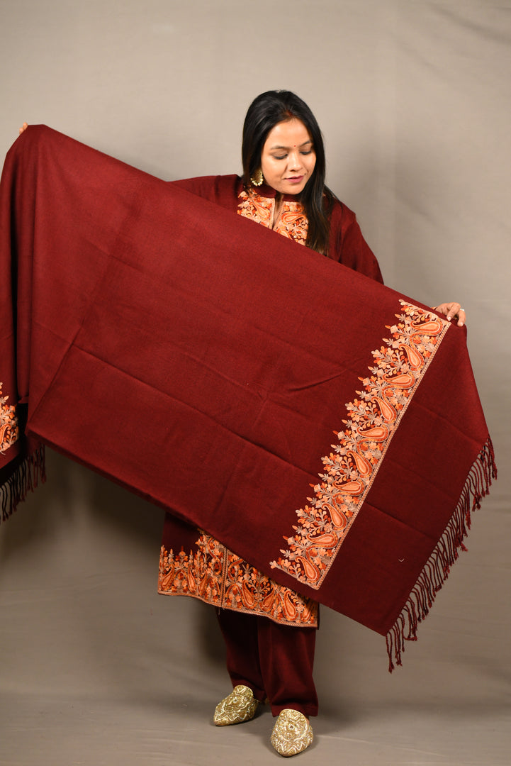 Kashmiri Embroidered Maroon 3 Piece Woolen Suit With Shawl