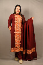 Load image into Gallery viewer, Kashmiri Embroidered Maroon 3 Piece Woolen Suit With Shawl
