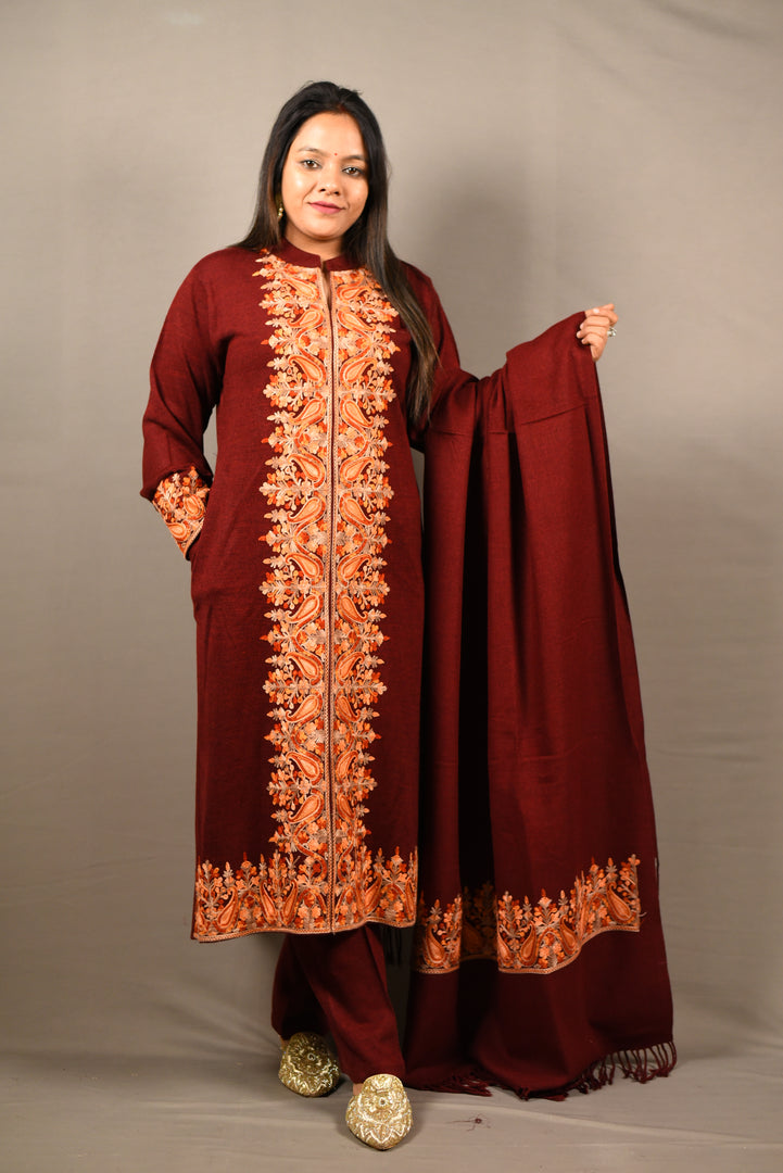 Kashmiri Embroidered Maroon 3 Piece Woolen Suit With Shawl