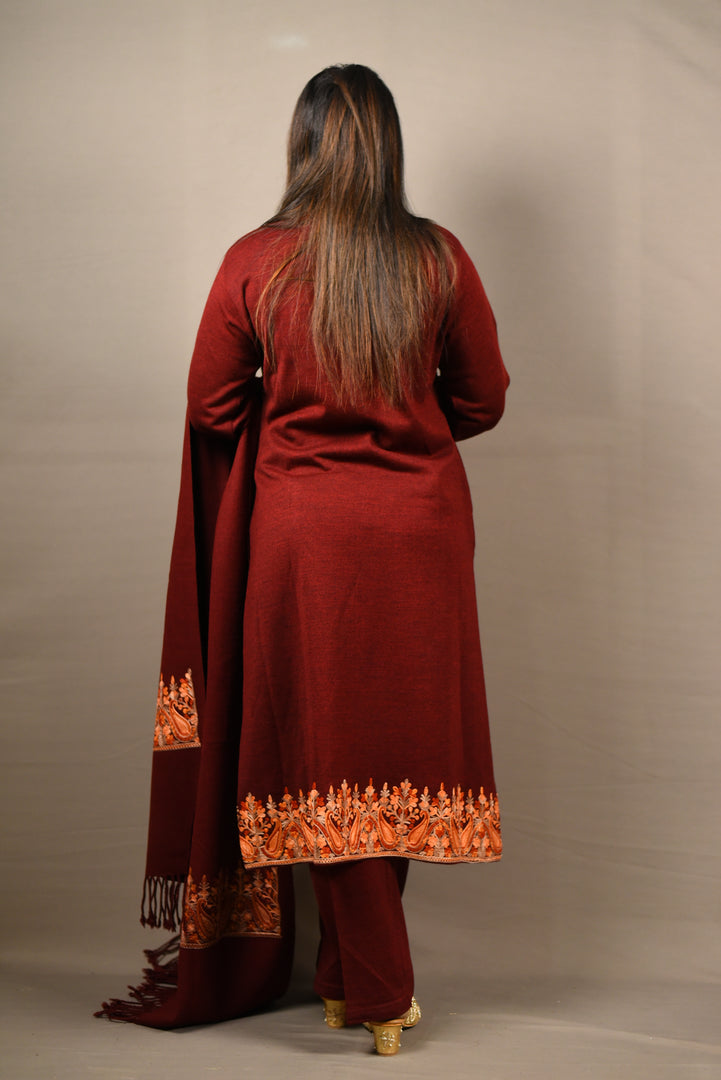 Kashmiri Embroidered Maroon 3 Piece Woolen Suit With Shawl