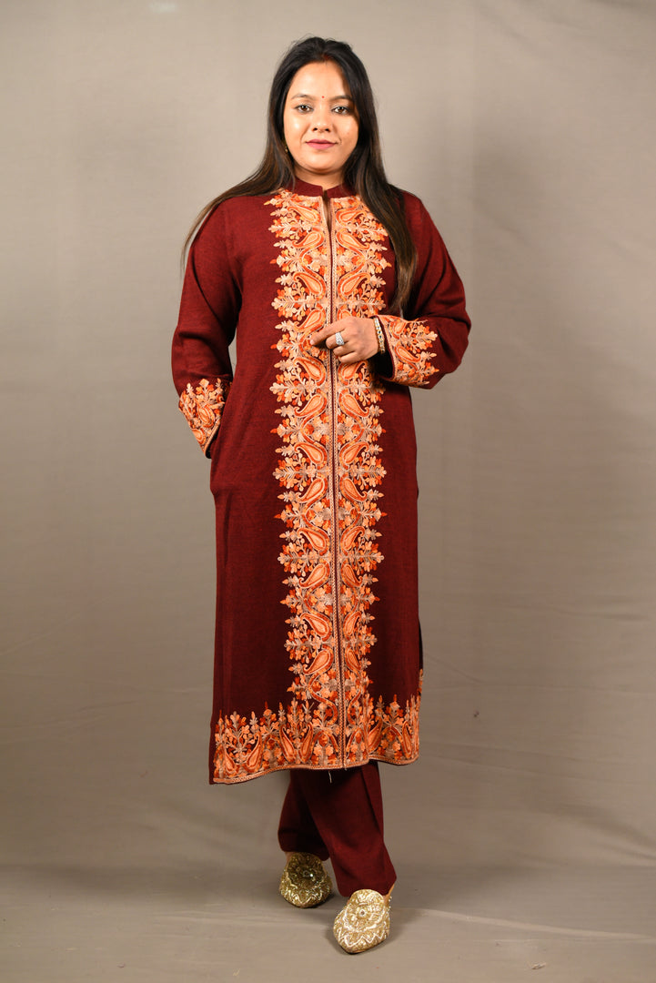 Kashmiri Embroidered Maroon 3 Piece Woolen Suit With Shawl