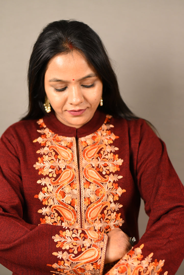 Kashmiri Embroidered Maroon 3 Piece Woolen Suit With Shawl