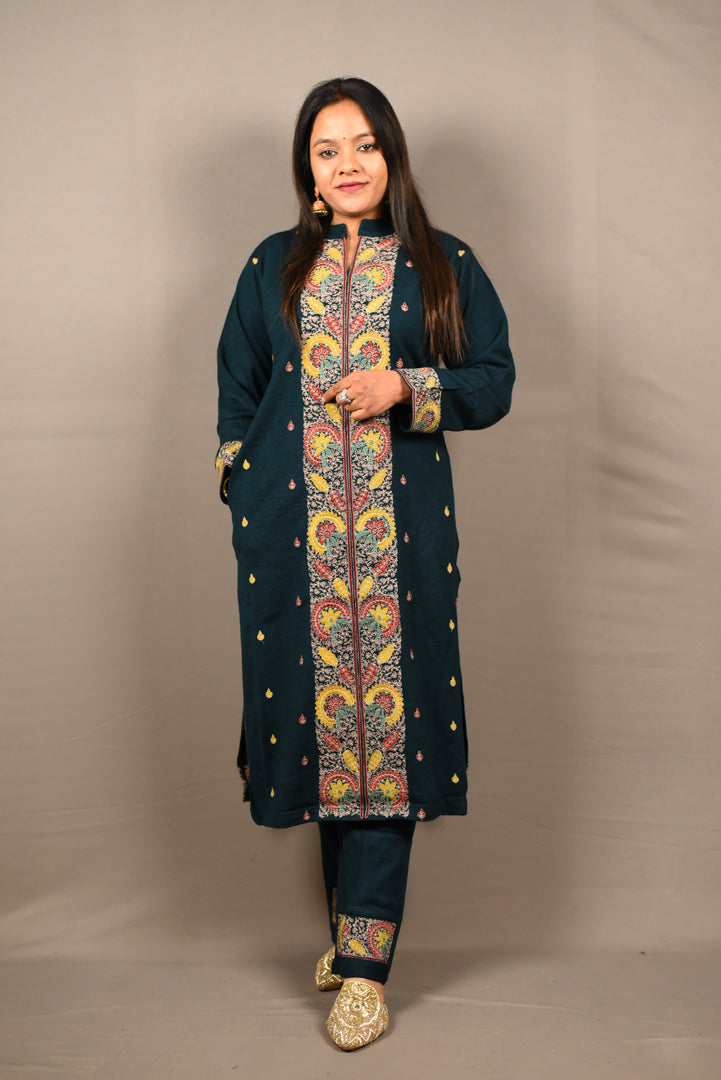 Green Floral Embroidered Green 3 Piece Woolen Suit