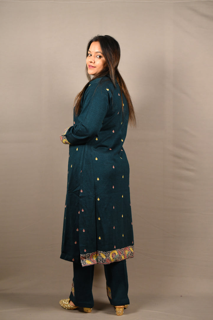 Green Floral Embroidered Green 3 Piece Woolen Suit