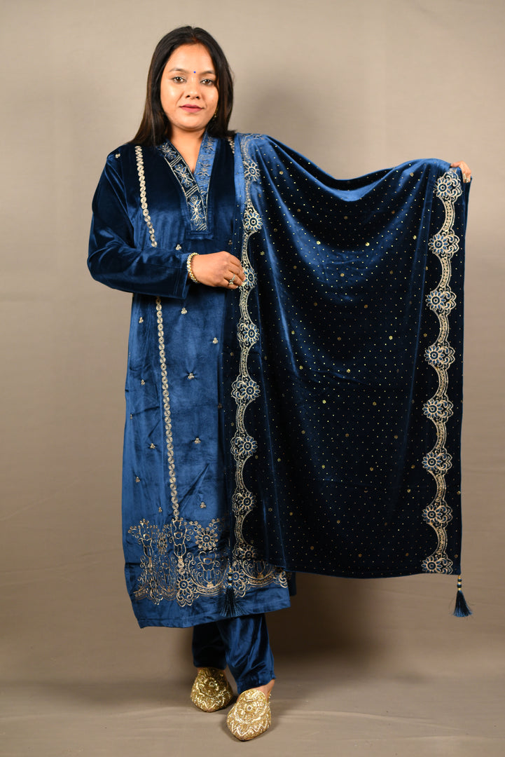 Blue Soft Premium Velvet Floral Embroidered Suit