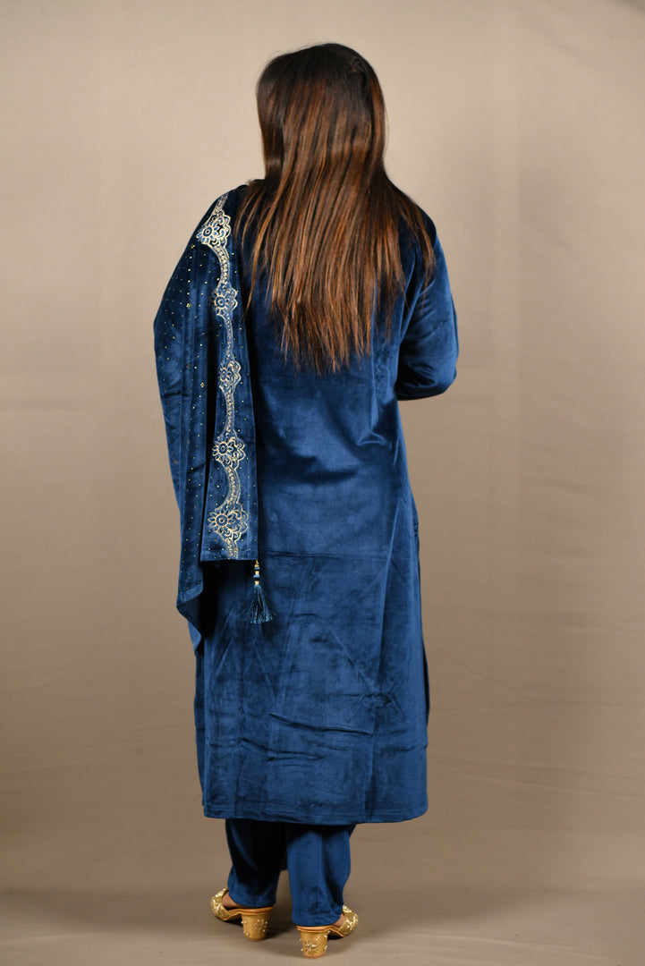 Blue Soft Premium Velvet Floral Embroidered Suit