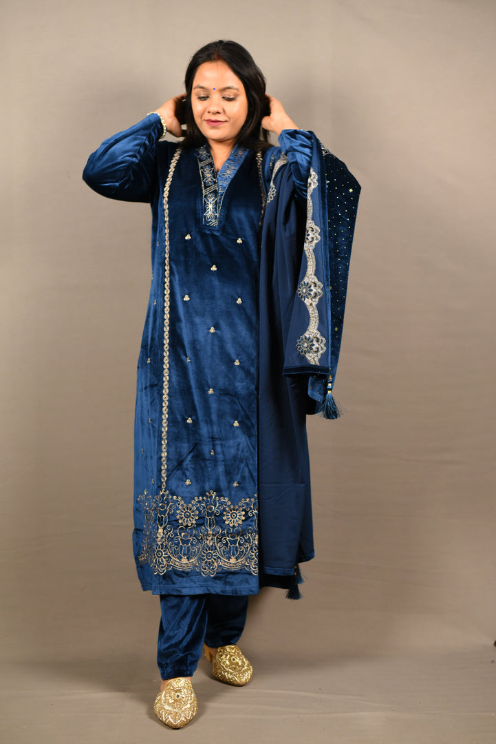 Blue Soft Premium Velvet Floral Embroidered Suit