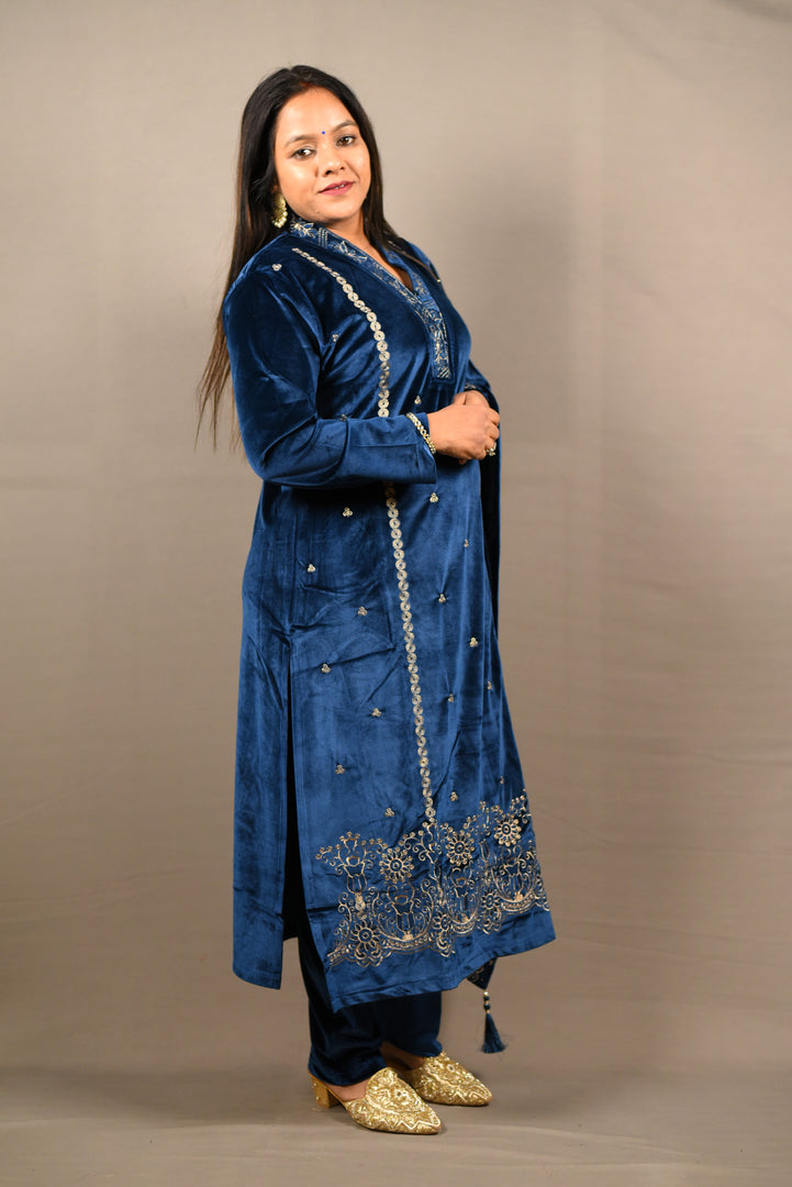 Blue Soft Premium Velvet Floral Embroidered Suit