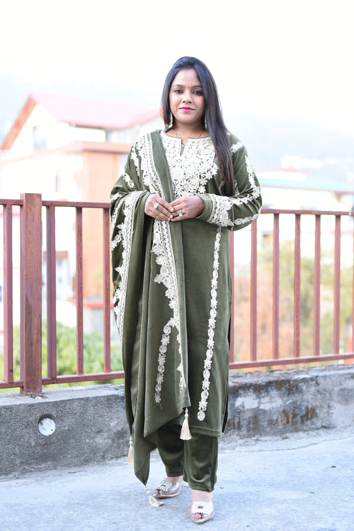 Green Soft Premium Velvet Floral Embroidered Suit