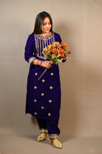 Load image into Gallery viewer, Blue And Purple Soft Premium Velvet Suit With Gota Work Dupatta
