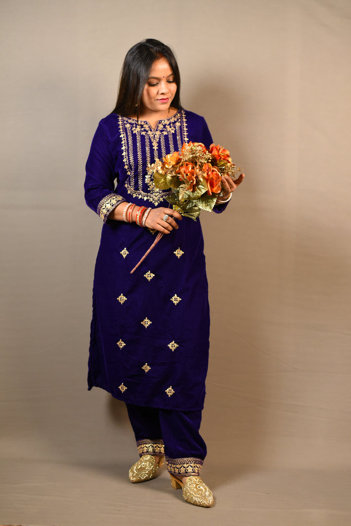 Blue And Purple Soft Premium Velvet Suit With Gota Work Dupatta