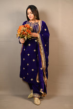 Load image into Gallery viewer, Blue And Purple Soft Premium Velvet Suit With Gota Work Dupatta
