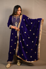 Load image into Gallery viewer, Blue And Purple Soft Premium Velvet Suit With Gota Work Dupatta
