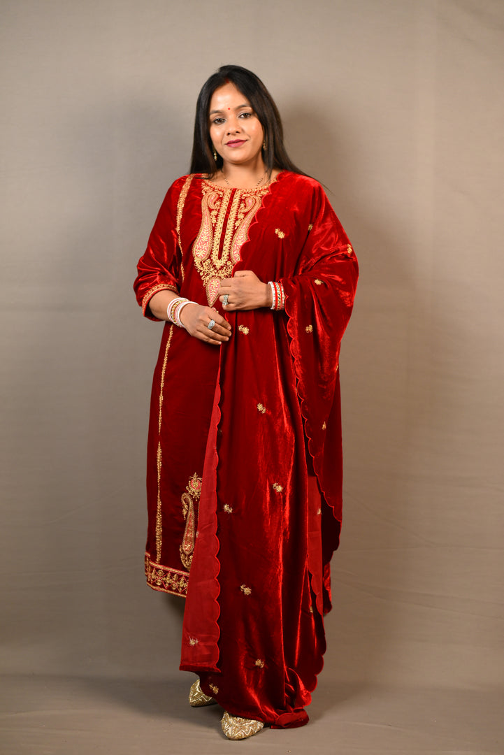 Red Soft Premium Velvet Floral Embroidered Suit