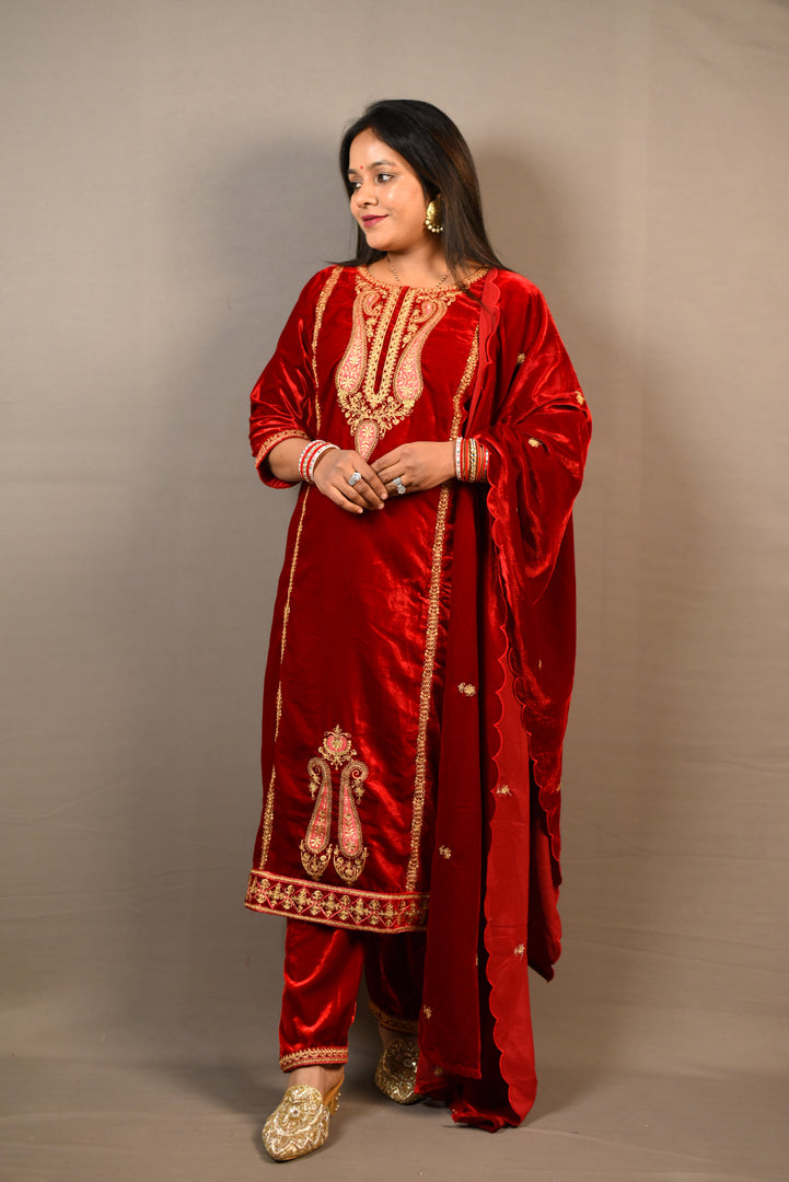 Red Soft Premium Velvet Floral Embroidered Suit