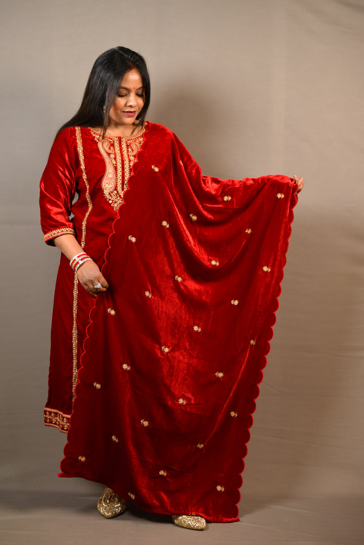 Red Soft Premium Velvet Floral Embroidered Suit