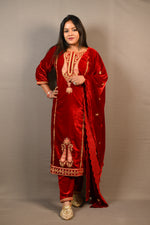 Load image into Gallery viewer, Red Soft Premium Velvet Floral Embroidered Suit
