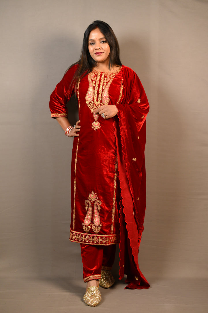 Red Soft Premium Velvet Floral Embroidered Suit