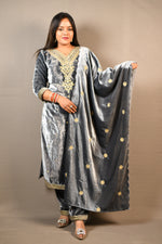 Load image into Gallery viewer, Grey Soft Premium Velvet Zari Work Suit
