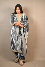 Load image into Gallery viewer, Grey Soft Premium Velvet Zari Work Suit
