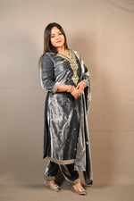 Load image into Gallery viewer, Grey Soft Premium Velvet Zari Work Suit
