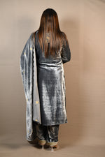 Load image into Gallery viewer, Grey Soft Premium Velvet Zari Work Suit
