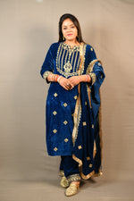 Load image into Gallery viewer, Blue And Purple Soft Premium Velvet Suit With Gota Work Dupatta
