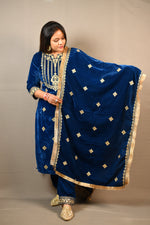 Load image into Gallery viewer, Blue And Purple Soft Premium Velvet Suit With Gota Work Dupatta
