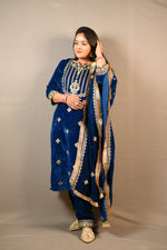 Load image into Gallery viewer, Blue And Purple Soft Premium Velvet Suit With Gota Work Dupatta
