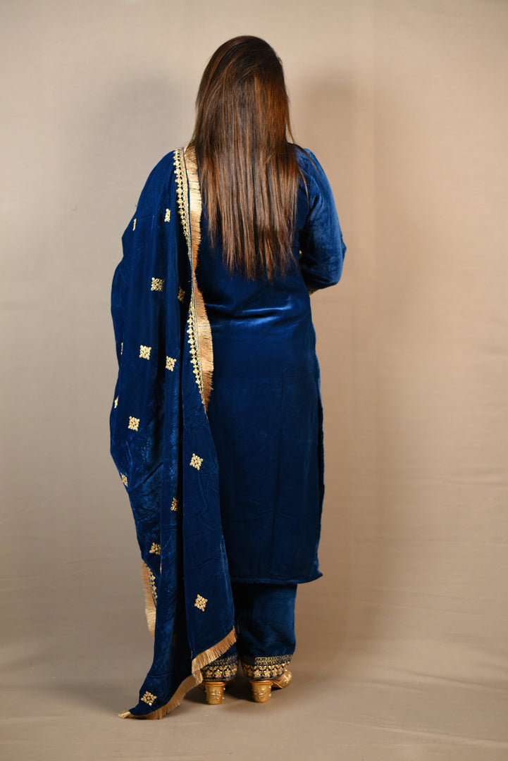 Blue And Purple Soft Premium Velvet Suit With Gota Work Dupatta