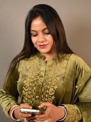 Green Soft Premium Velvet Floral Embroidered Suit