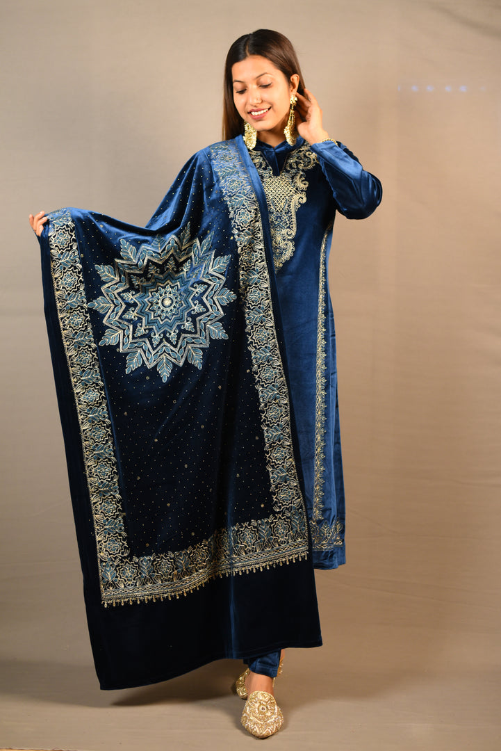 Dark Blue Soft Premium Velvet Floral Embroidered Suit