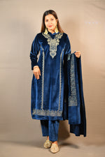 Load image into Gallery viewer, Dark Blue Soft Premium Velvet Floral Embroidered Suit
