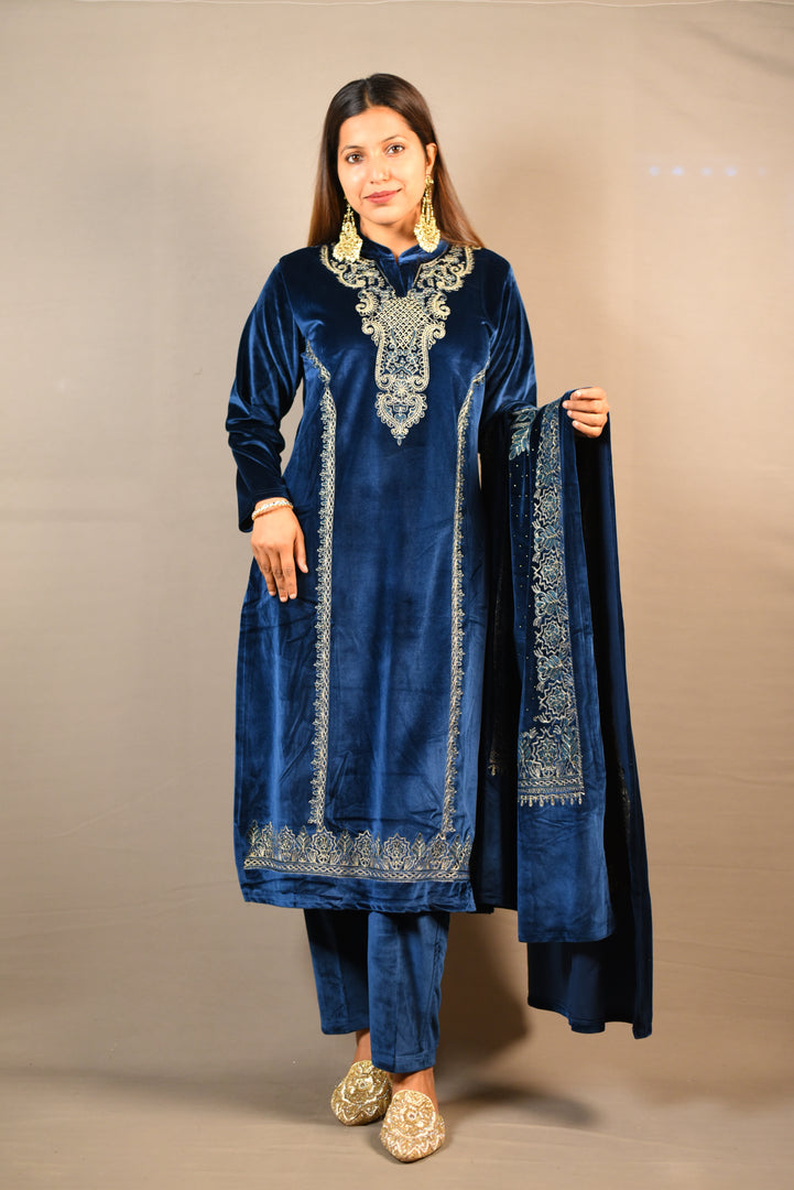 Dark Blue Soft Premium Velvet Floral Embroidered Suit