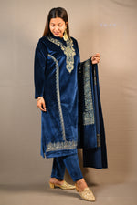 Load image into Gallery viewer, Dark Blue Soft Premium Velvet Floral Embroidered Suit
