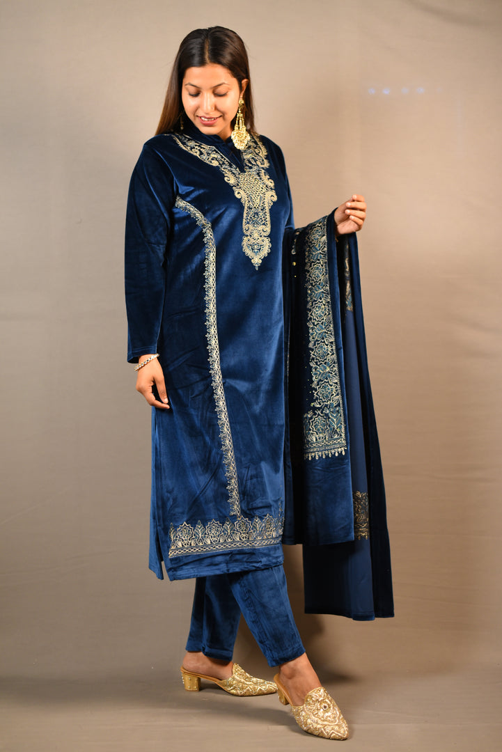 Dark Blue Soft Premium Velvet Floral Embroidered Suit