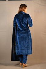 Load image into Gallery viewer, Dark Blue Soft Premium Velvet Floral Embroidered Suit
