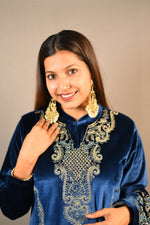 Load image into Gallery viewer, Dark Blue Soft Premium Velvet Floral Embroidered Suit
