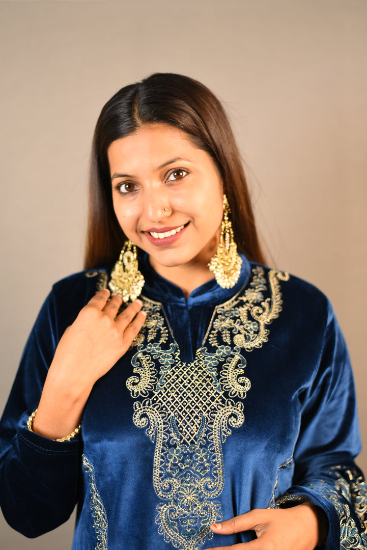 Dark Blue Soft Premium Velvet Floral Embroidered Suit