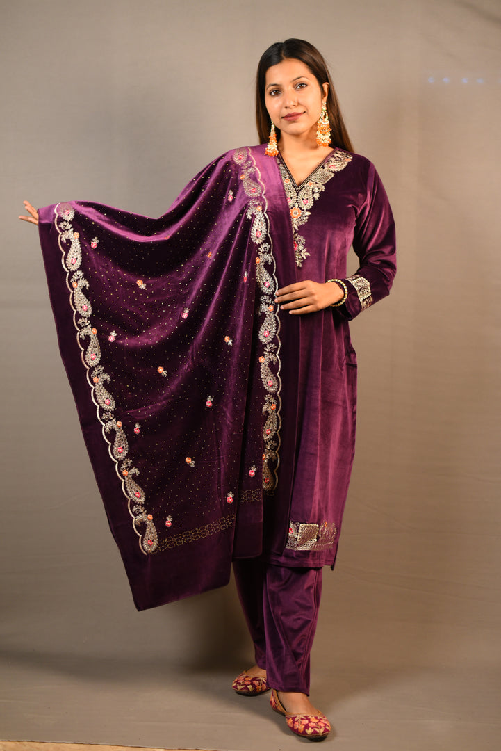 Purple Soft Premium Velvet Floral Embroidered Suit