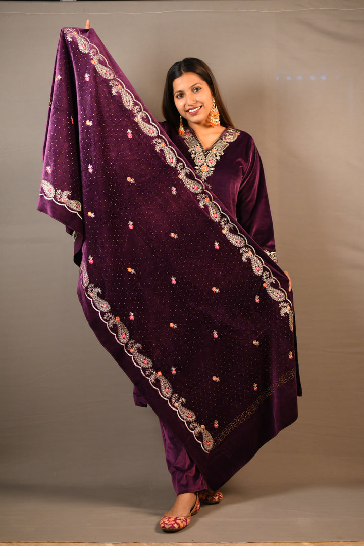 Purple Soft Premium Velvet Floral Embroidered Suit