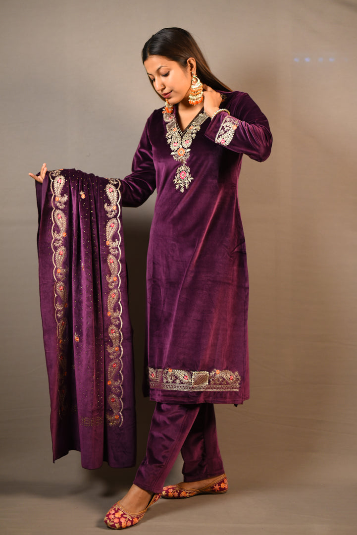 Purple Soft Premium Velvet Floral Embroidered Suit