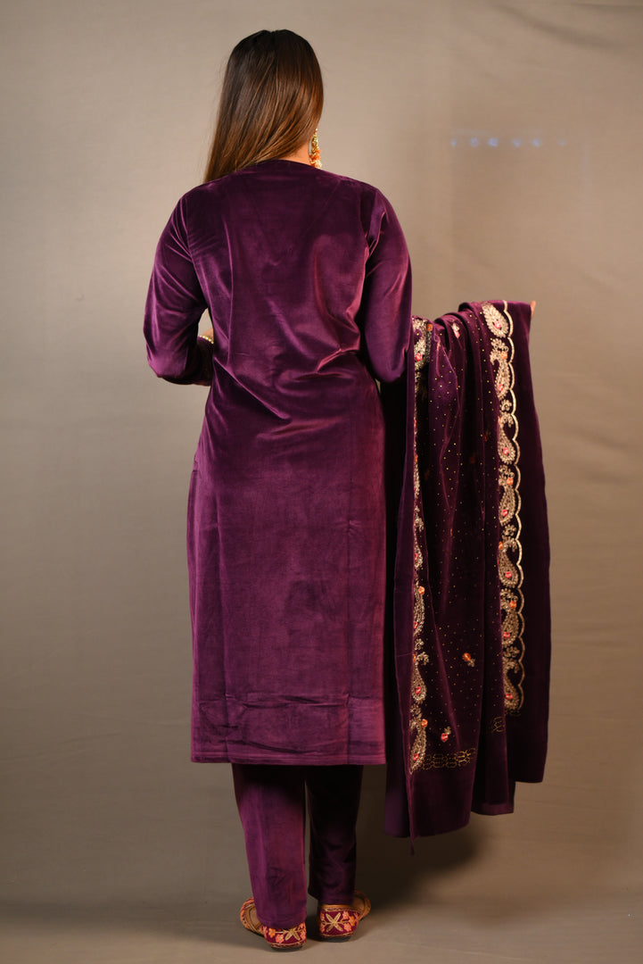 Purple Soft Premium Velvet Floral Embroidered Suit