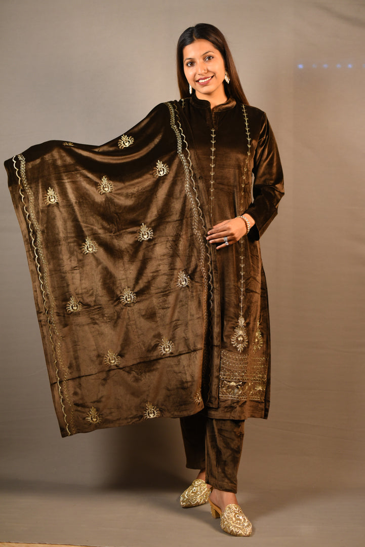 Brown Soft Premium Velvet Floral Embroidered Suit