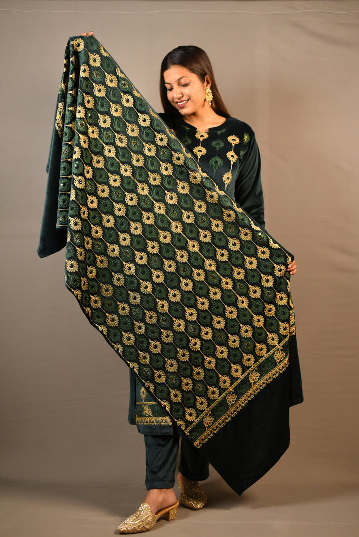 Dark Green Soft Premium Velvet Floral Embroidered Suit