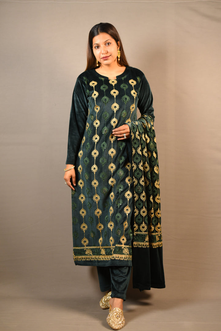 Dark Green Soft Premium Velvet Floral Embroidered Suit