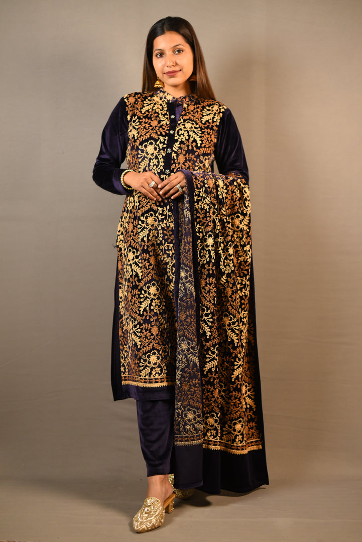 Fully Embroidered Blue Soft Premium Velvet Suit