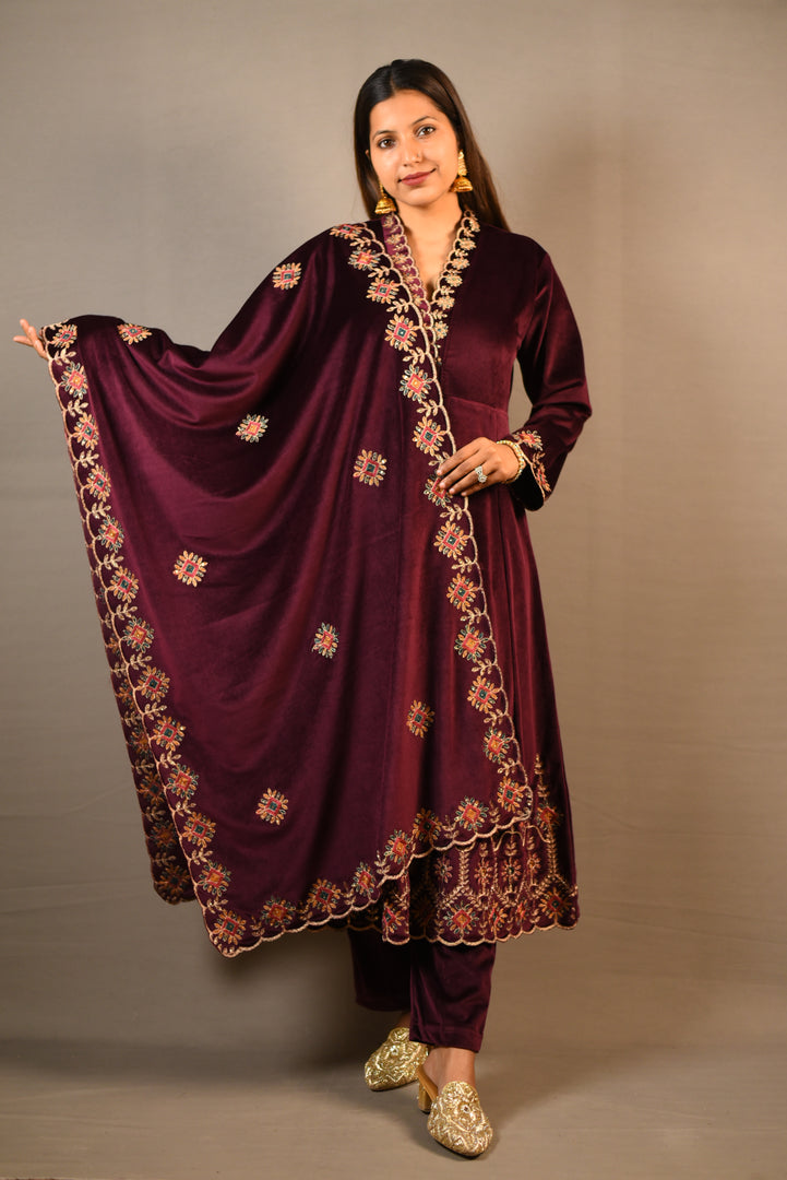 Wine Soft Premium Velvet Floral Embroidered Frock Suit